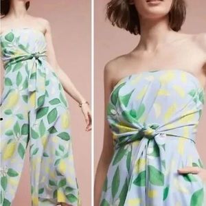Maeve Anthropologie Lemon Grove Strapless Jumpsuit Tie Front Wide